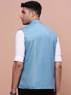 men's solid turquoise blue slim fit nehru jacket 4