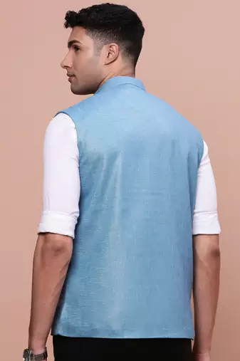 men's solid turquoise blue slim fit nehru jacket