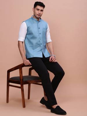 men's solid turquoise blue slim fit nehru jacket 5