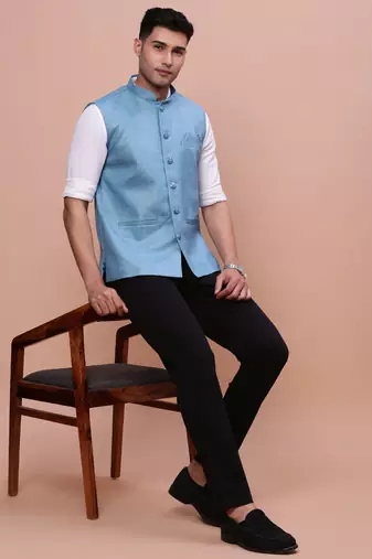 men's solid turquoise blue slim fit nehru jacket