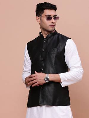 men's solid black slim fit nehru jacket 1