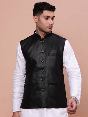 men's solid black slim fit nehru jacket 2