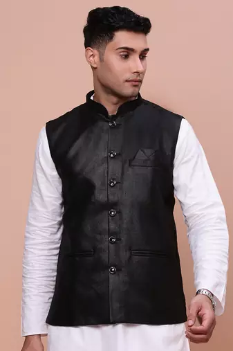 men's solid black slim fit nehru jacket