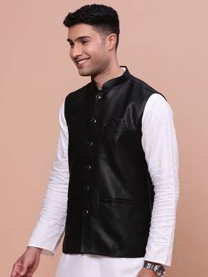 men's solid black slim fit nehru jacket 3