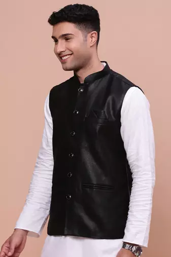 men's solid black slim fit nehru jacket