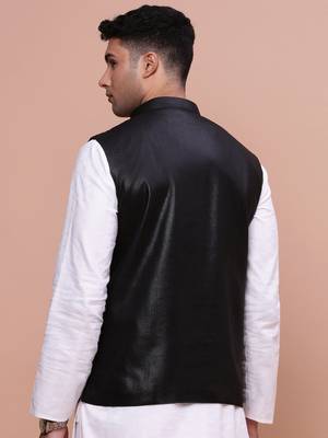 men's solid black slim fit nehru jacket 4
