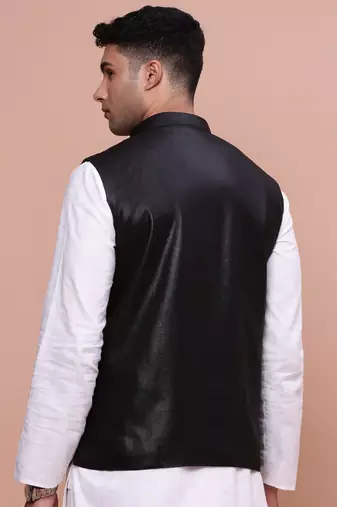 men's solid black slim fit nehru jacket