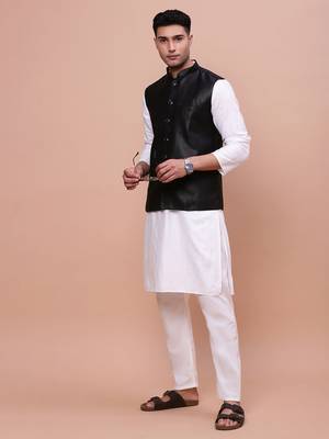 men's solid black slim fit nehru jacket 5