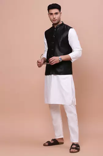 men's solid black slim fit nehru jacket