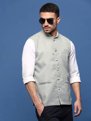 men's solid sea green slim fit nehru jacket 1
