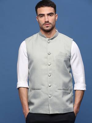 men's solid sea green slim fit nehru jacket 2