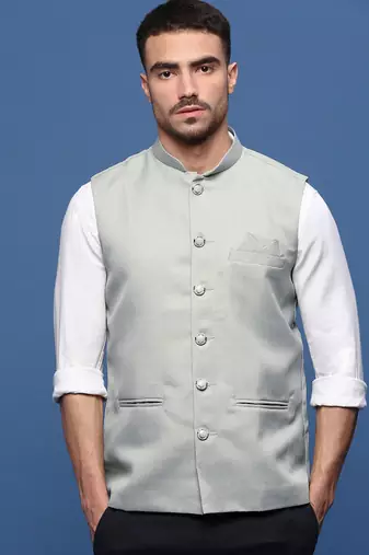 men's solid sea green slim fit nehru jacket
