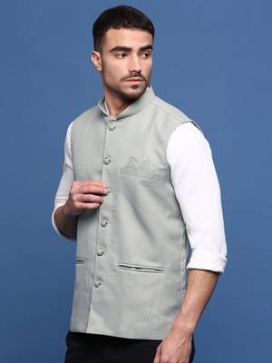 men's solid sea green slim fit nehru jacket 3