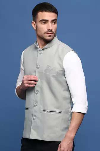 men's solid sea green slim fit nehru jacket