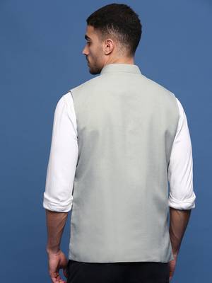 men's solid sea green slim fit nehru jacket 4