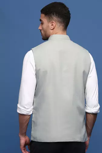 men's solid sea green slim fit nehru jacket