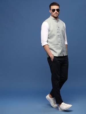 men's solid sea green slim fit nehru jacket 5