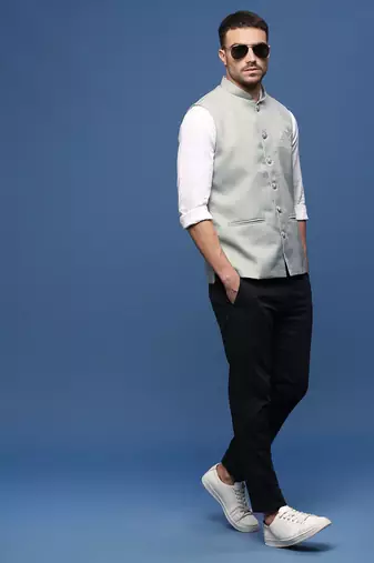 men's solid sea green slim fit nehru jacket