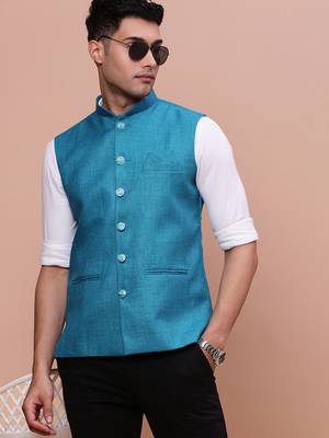 men's solid turquoise blue slim fit nehru jacket 1
