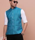 men's solid turquoise blue slim fit nehru jacket