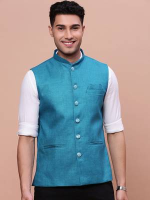 men's solid turquoise blue slim fit nehru jacket 2