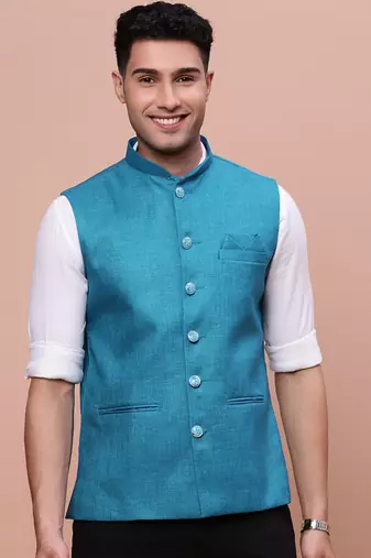 men's solid turquoise blue slim fit nehru jacket