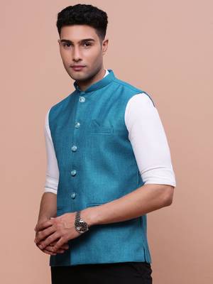 men's solid turquoise blue slim fit nehru jacket 3