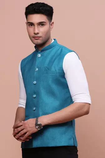 men's solid turquoise blue slim fit nehru jacket