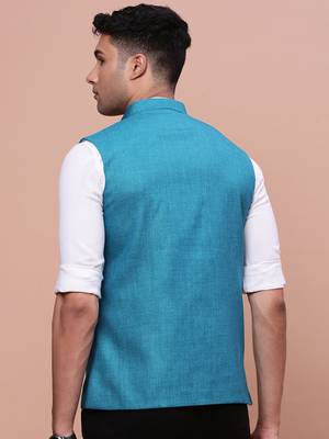 men's solid turquoise blue slim fit nehru jacket 4