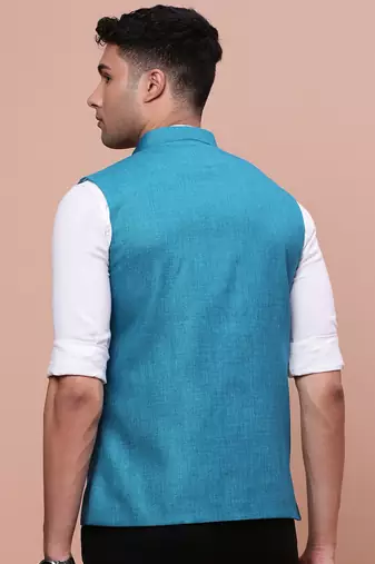 men's solid turquoise blue slim fit nehru jacket