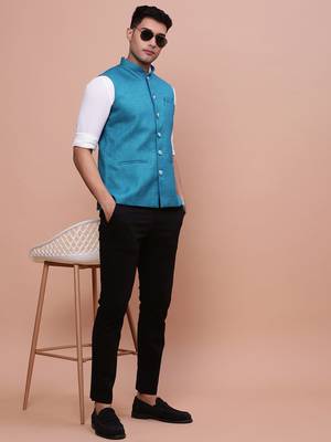 men's solid turquoise blue slim fit nehru jacket 5
