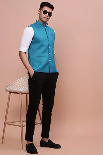men's solid turquoise blue slim fit nehru jacket