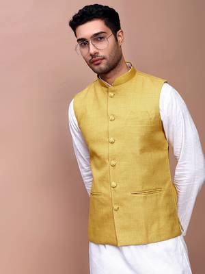 men's solid mustard slim fit nehru jacket 1
