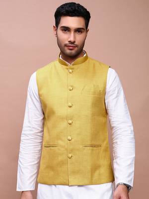men's solid mustard slim fit nehru jacket 2