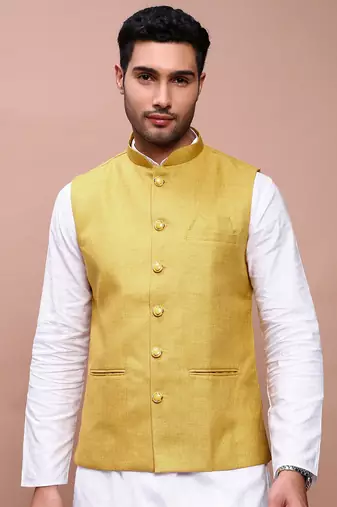 men's solid mustard slim fit nehru jacket