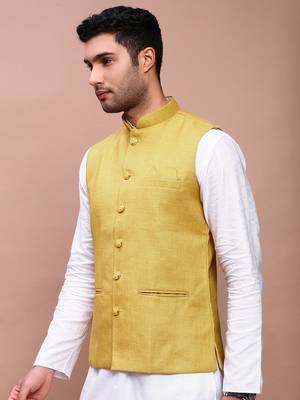 men's solid mustard slim fit nehru jacket 3