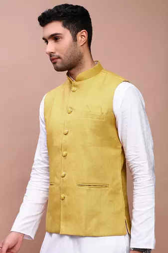 men's solid mustard slim fit nehru jacket