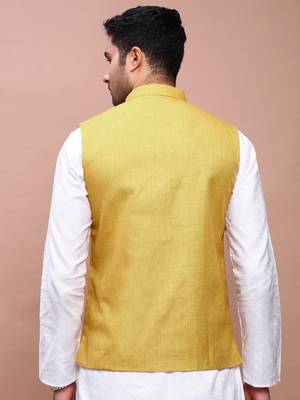 men's solid mustard slim fit nehru jacket 4