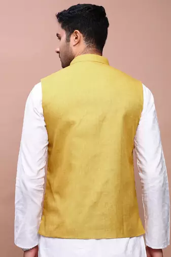 men's solid mustard slim fit nehru jacket