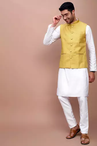men's solid mustard slim fit nehru jacket