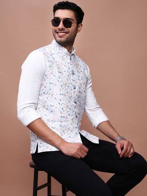 Showoff men's printed off white slim fit nehru jacket 1