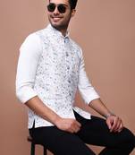 Showoff men's printed off white slim fit nehru jacket