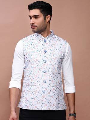 Showoff men's printed off white slim fit nehru jacket 2