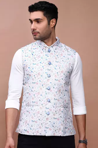 Showoff men's printed off white slim fit nehru jacket