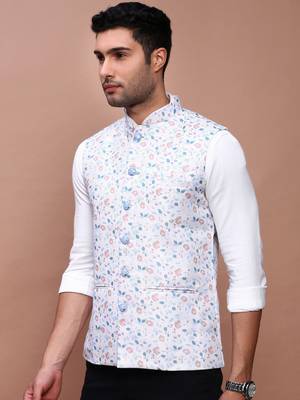 Showoff men's printed off white slim fit nehru jacket 3