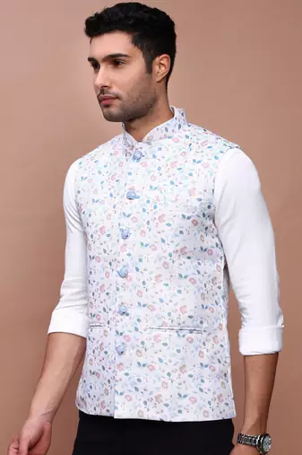 Showoff men's printed off white slim fit nehru jacket