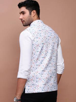 Showoff men's printed off white slim fit nehru jacket 4