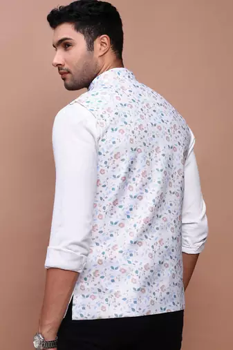 Showoff men's printed off white slim fit nehru jacket