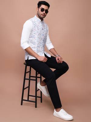 Showoff men's printed off white slim fit nehru jacket 5