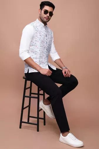 Showoff men's printed off white slim fit nehru jacket